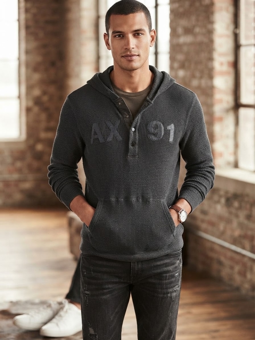 Armani Exchange Charcoal Waffle-Knit Henley Hoodie Size Large